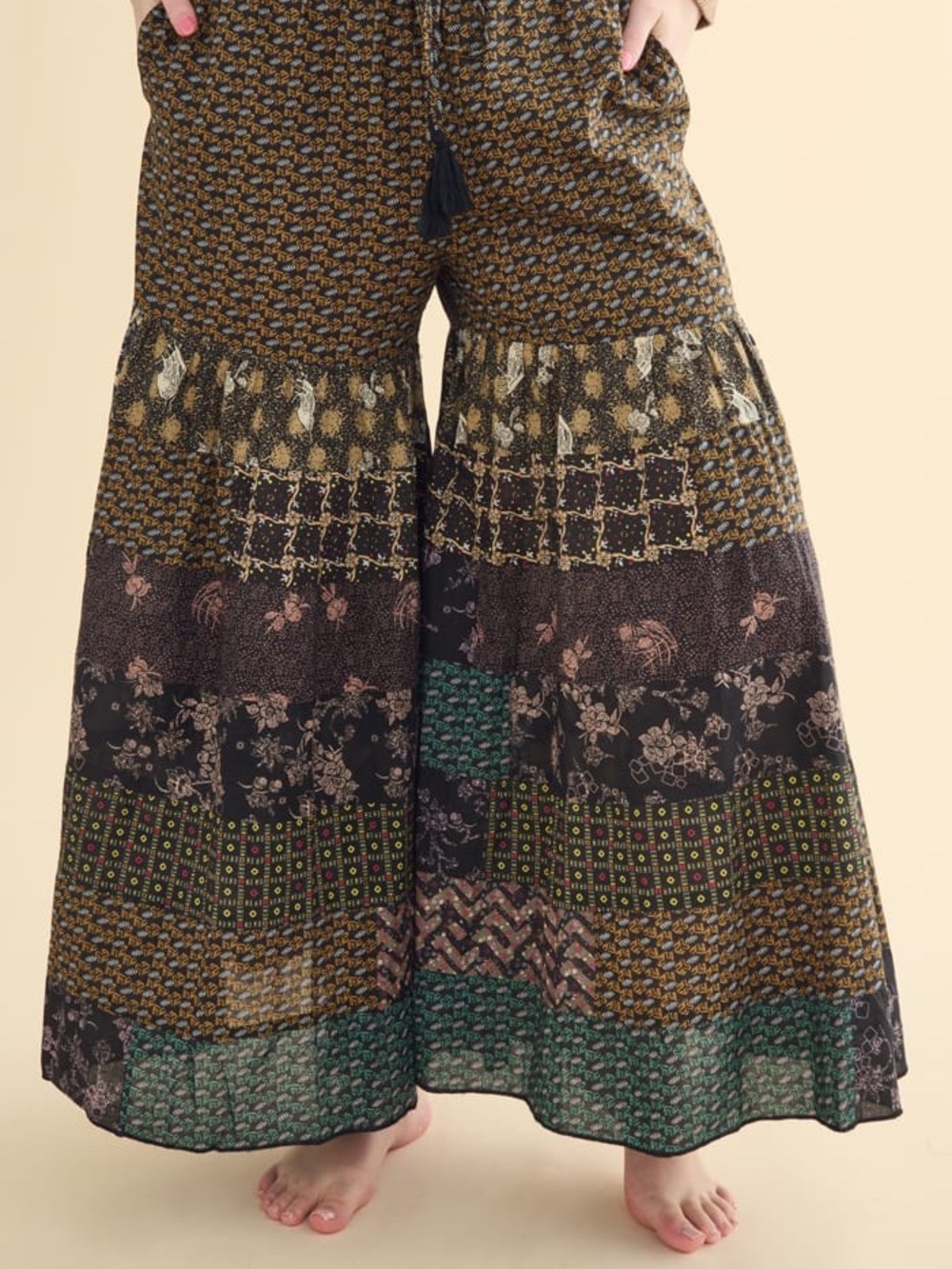 Wide Leg Boho Patchwork Palazzo Pants - Brown Multi - Picture 2 of 4